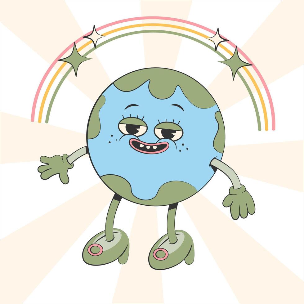 Happy cute Earth planet girl character.Simple retro cartoon mascot for poster, banner, graphic print.Y2k groovy earth day, Save green planet and ecology concept. Vector illustration EPS 10