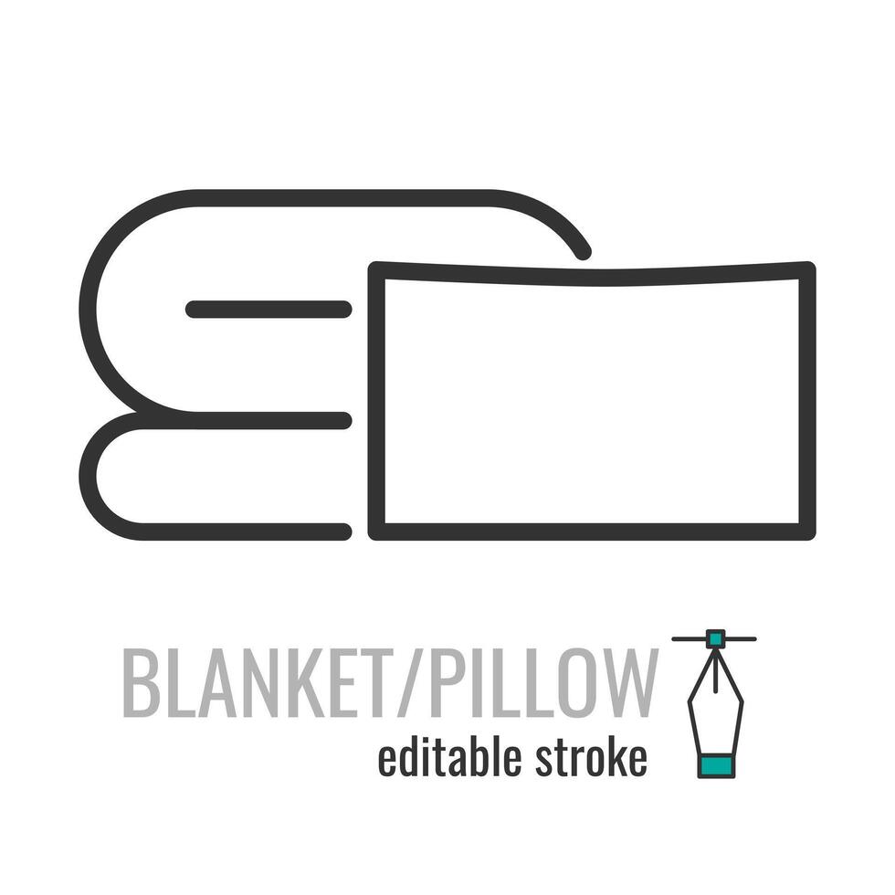 Bed linen set with pillow, blanket bed sheet or duvet cover isolated on white background outline icon. Editable stroke. Vector illustration EPS 10