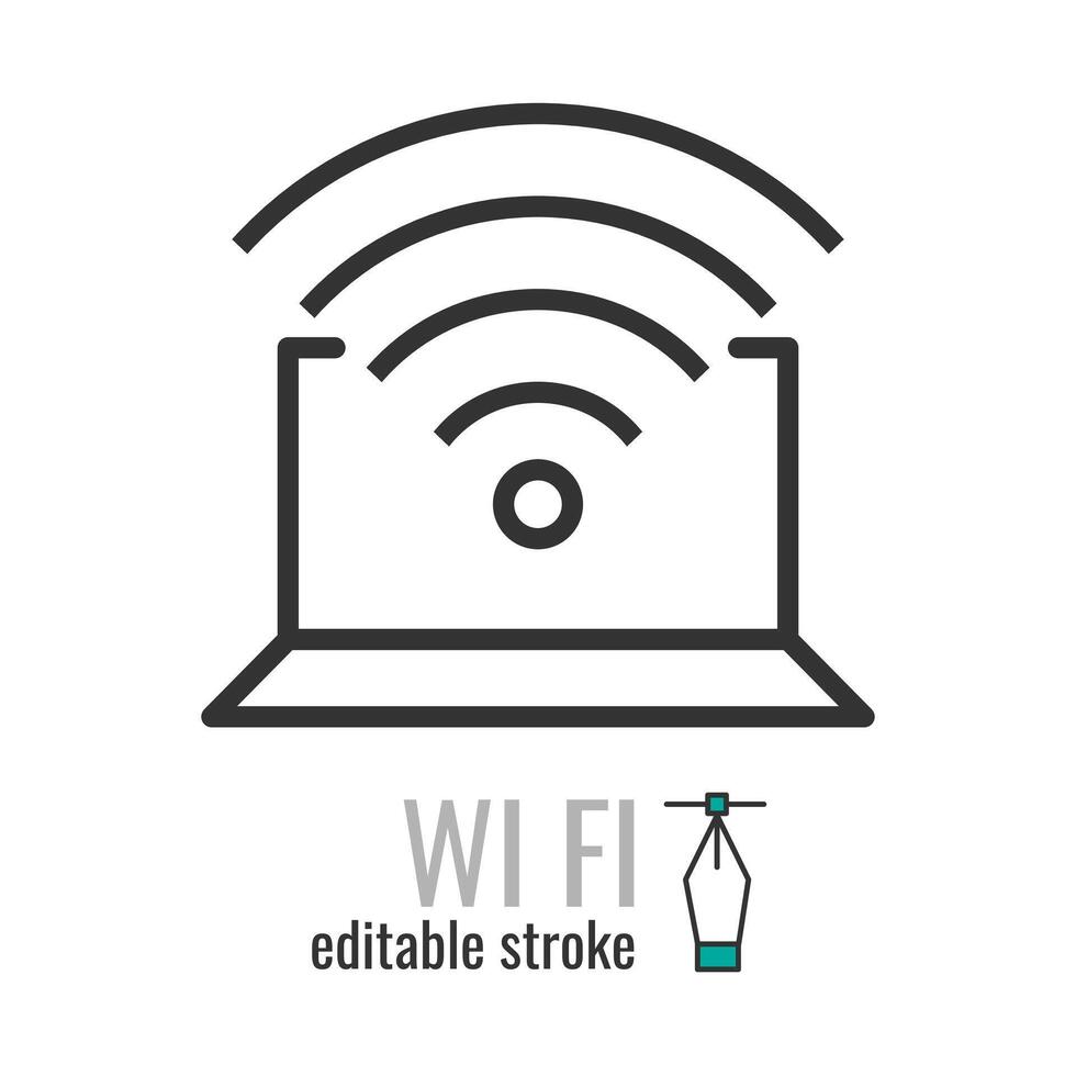 Wifi ordenador portátil línea icono. Wifi señal símbolo. remoto Internet acceso pictograma. Internet signo. vector gráficos ilustración eps 10 editable carrera