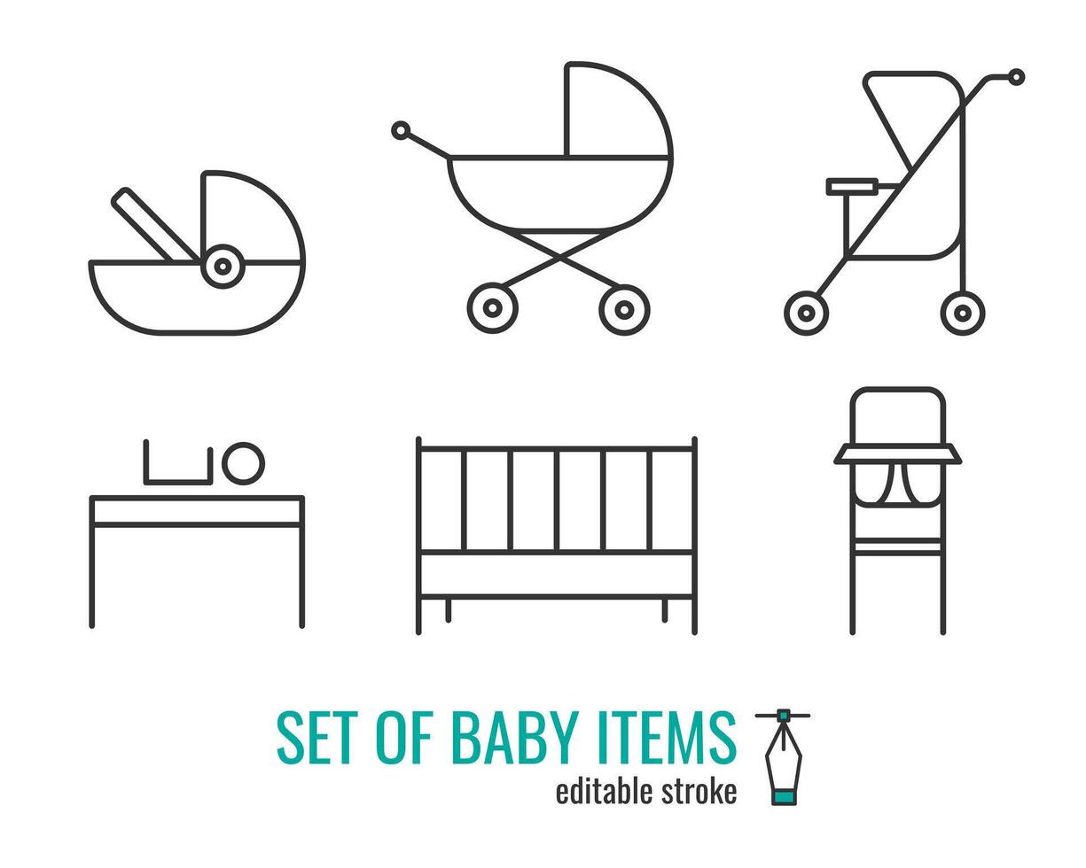Set of baby items line icons.Baby stoller,pram,baby seat,changing table,cot bed,baby highchair outline icons.Linear style sign for mobile and web design.Symbol,logo illustration EPS 10.Editable stroke vector