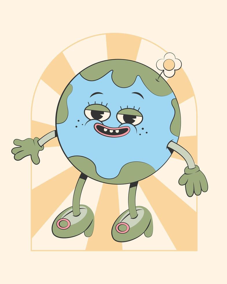 Happy cute Earth planet girl character.Simple retro cartoon mascot for poster, banner, graphic print.Y2k groovy earth day, Save green planet and ecology concept. Vector illustration EPS 10