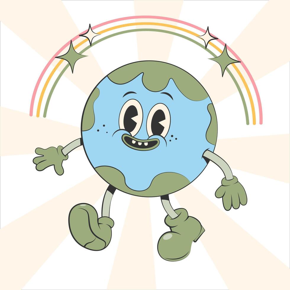 Happy cute Earth planet character.Simple retro cartoon mascot for poster, banner, graphic print.Y2k groovy earth day, Save green planet and ecology concept. Vector illustration EPS 10