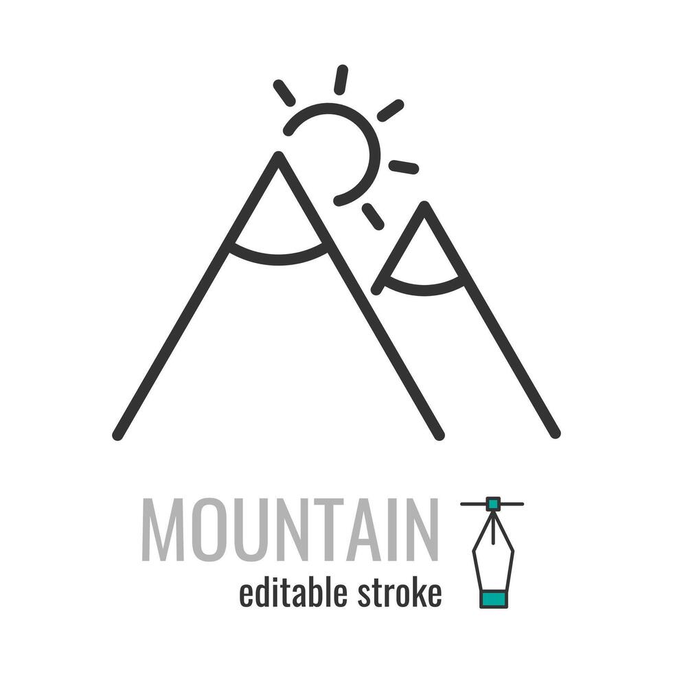 Mountain line icon. Linear style mountain range with sun symbol. Hiking or mounting view sign. Editable stroke. Vector graphics illustration EPS 10