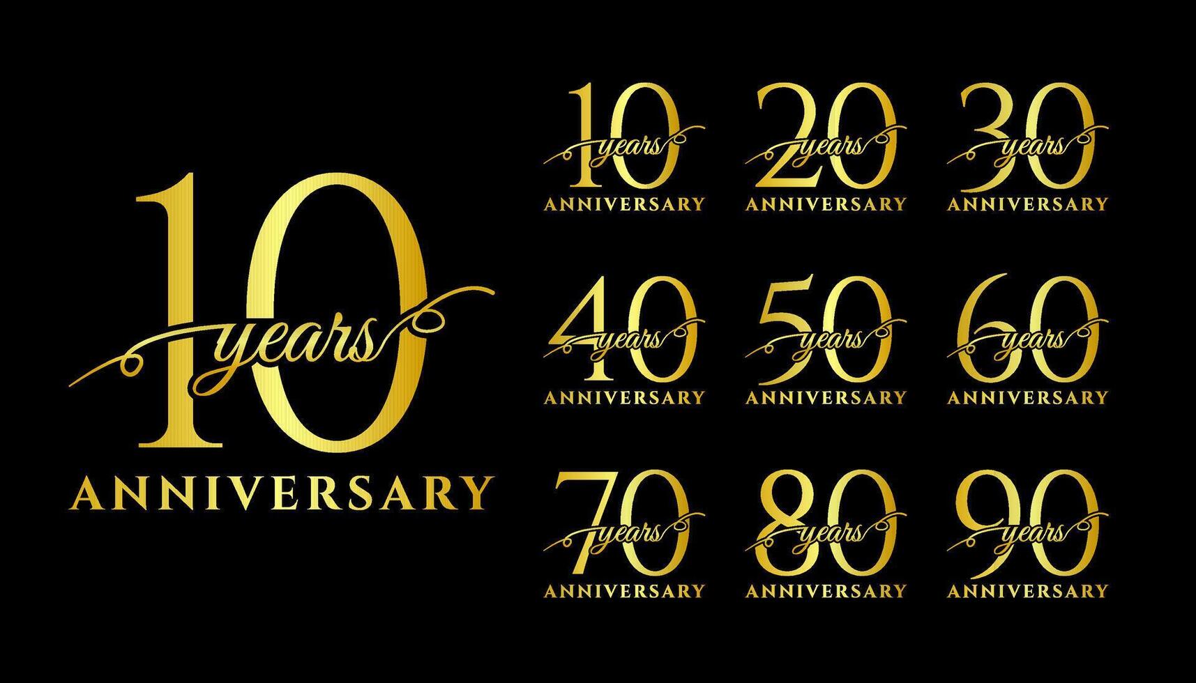 Set of anniversary gold logotype. Golden anniversary celebration emblem design for booklet, leaflet, magazine, brochure poster, web, invitation or greeting card vector