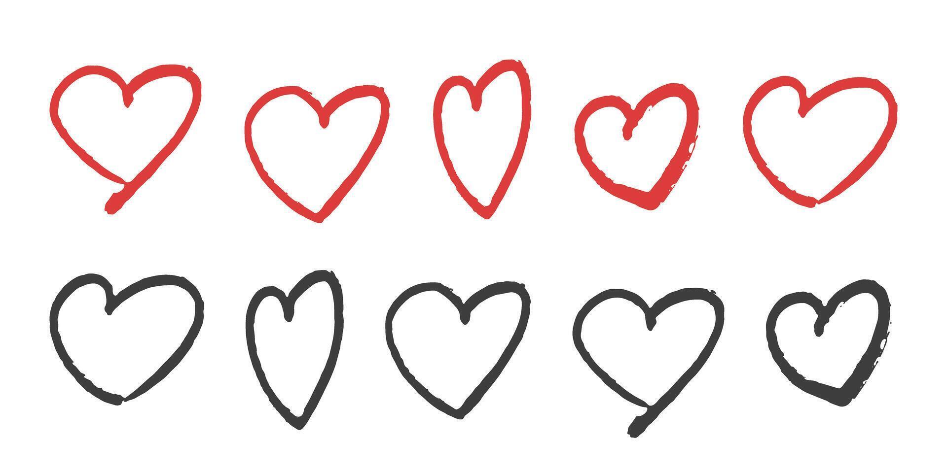 Hand-drawn Red and Black Hearts Set vector