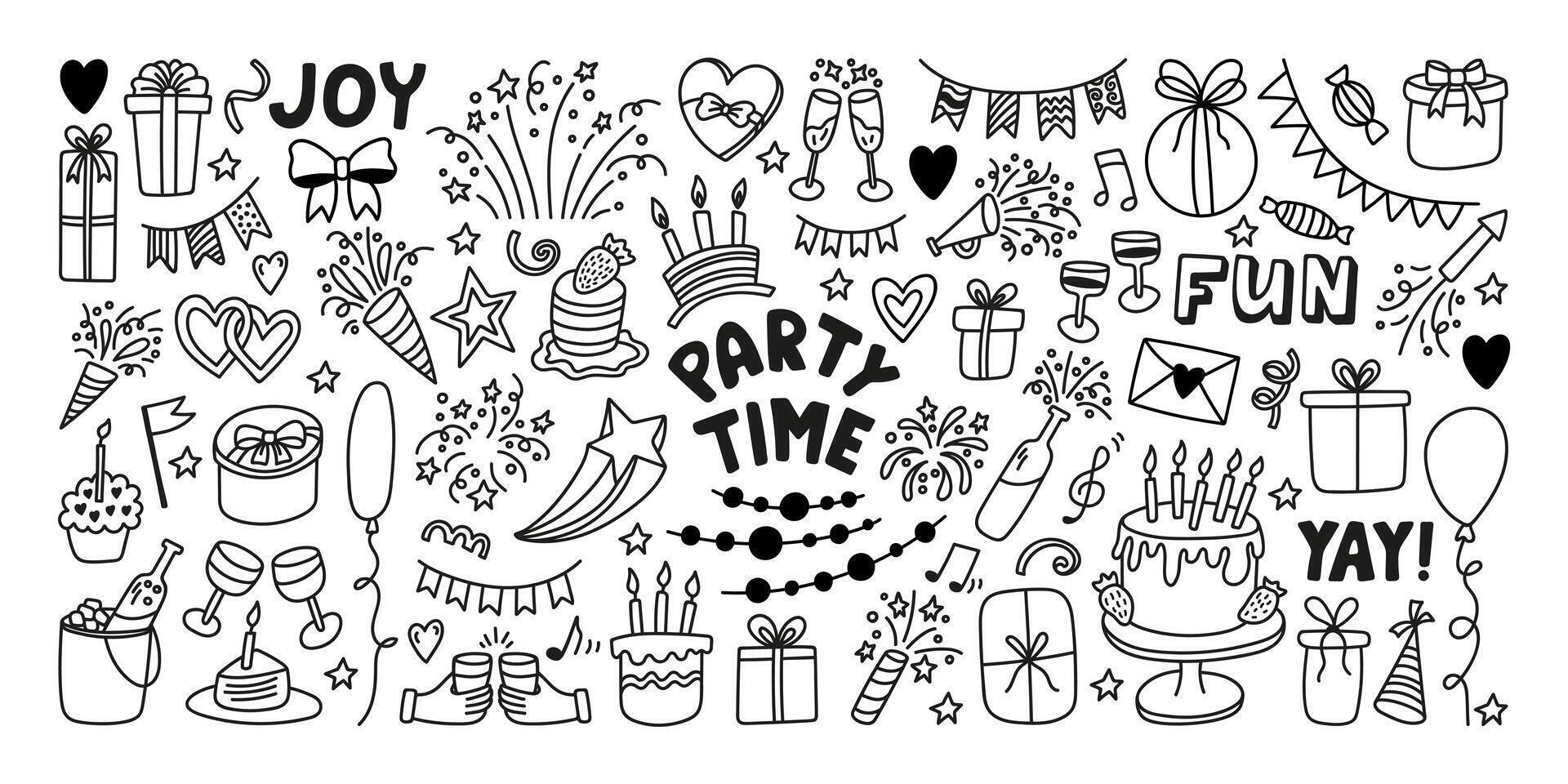 Hand drawn party time doodle set. Celebration doodle collection for birthday or holiday vector