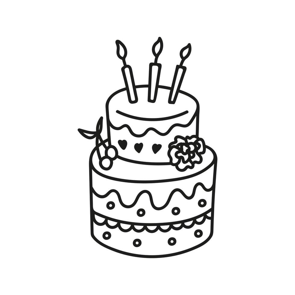 Single cake with candles. Hand drawn doodle vector illustration