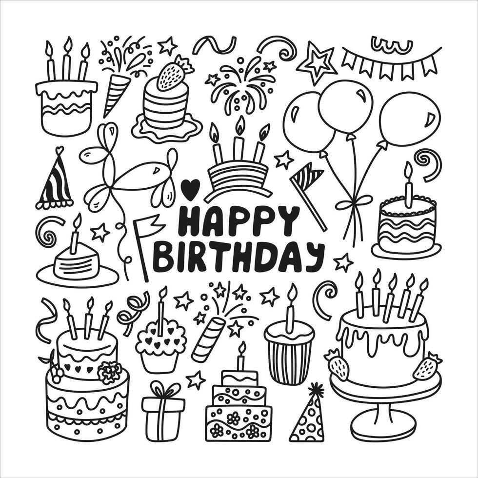Hand drawn Happy birthday doodle set with fireworks, cake, candles, air balloon, flags and confetti vector
