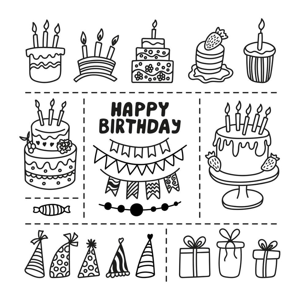 mano dibujado contento cumpleaños garabatear colocar, pastel con velas, guirnaldas, fiesta sombrero, y regalo cajas vector
