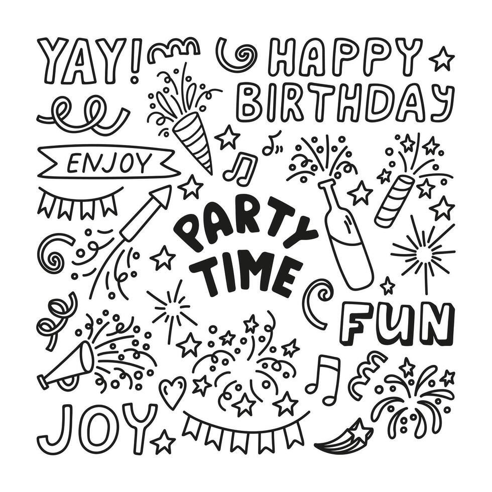 Hand drawn party time doodle set with quotes Happy birthday, Fun, Enjoy, Yay and fireworks, confetti vector