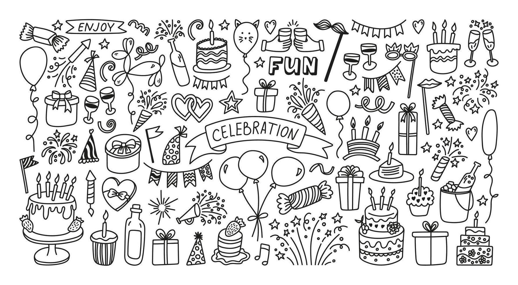 Big celebration doodle collection. Hand drawn party time clipart for birthday or holiday vector