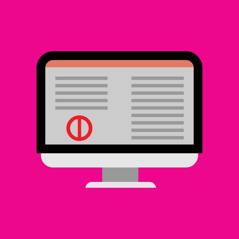 Computer screen with error message. Vector illustration of simple icon in flat style on pink background. Graphic design template elements with technology and office equipment theme