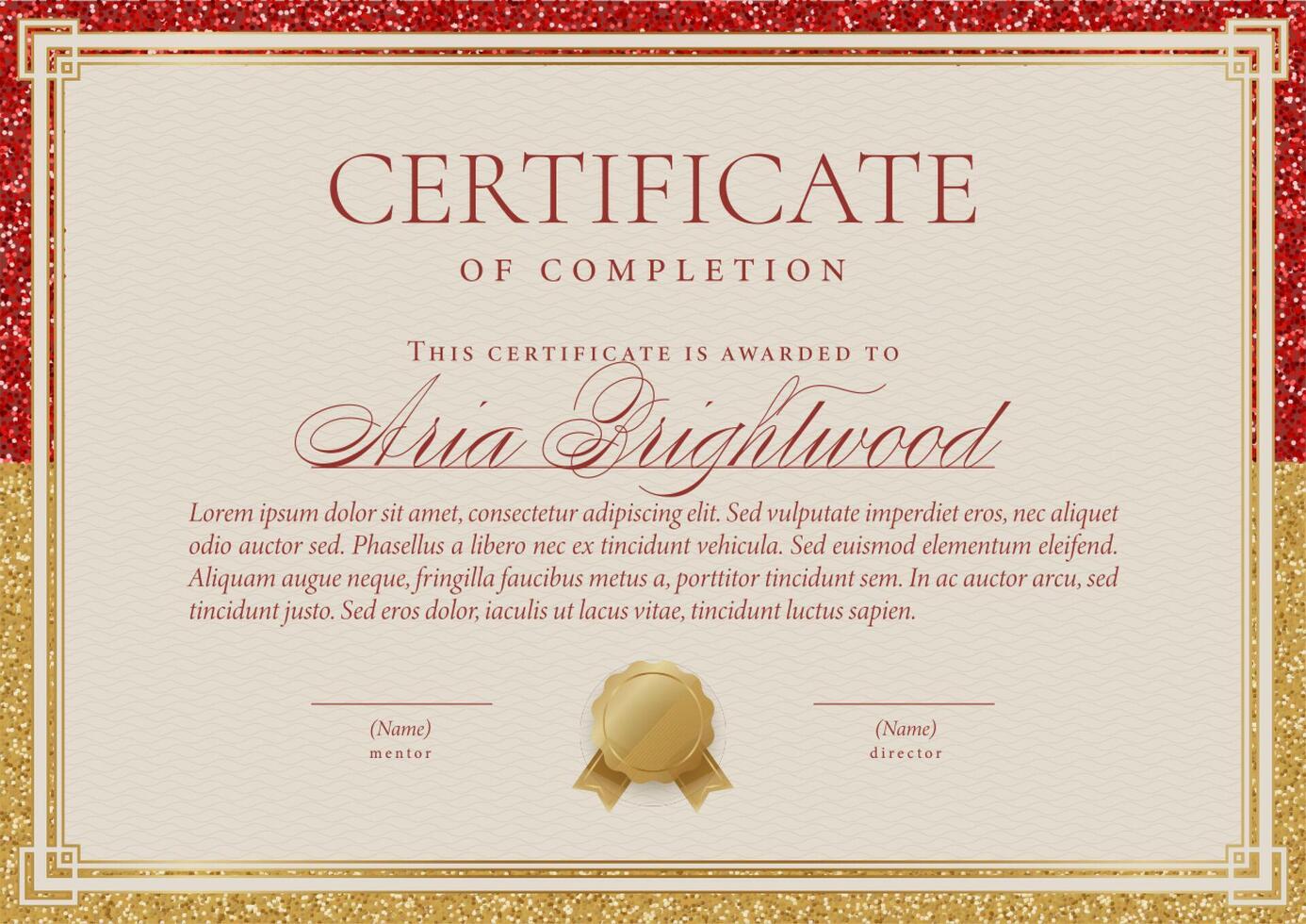 Cream, Red, and Gold Elegant Certificate. Glitter Frame border design. Vector illustration