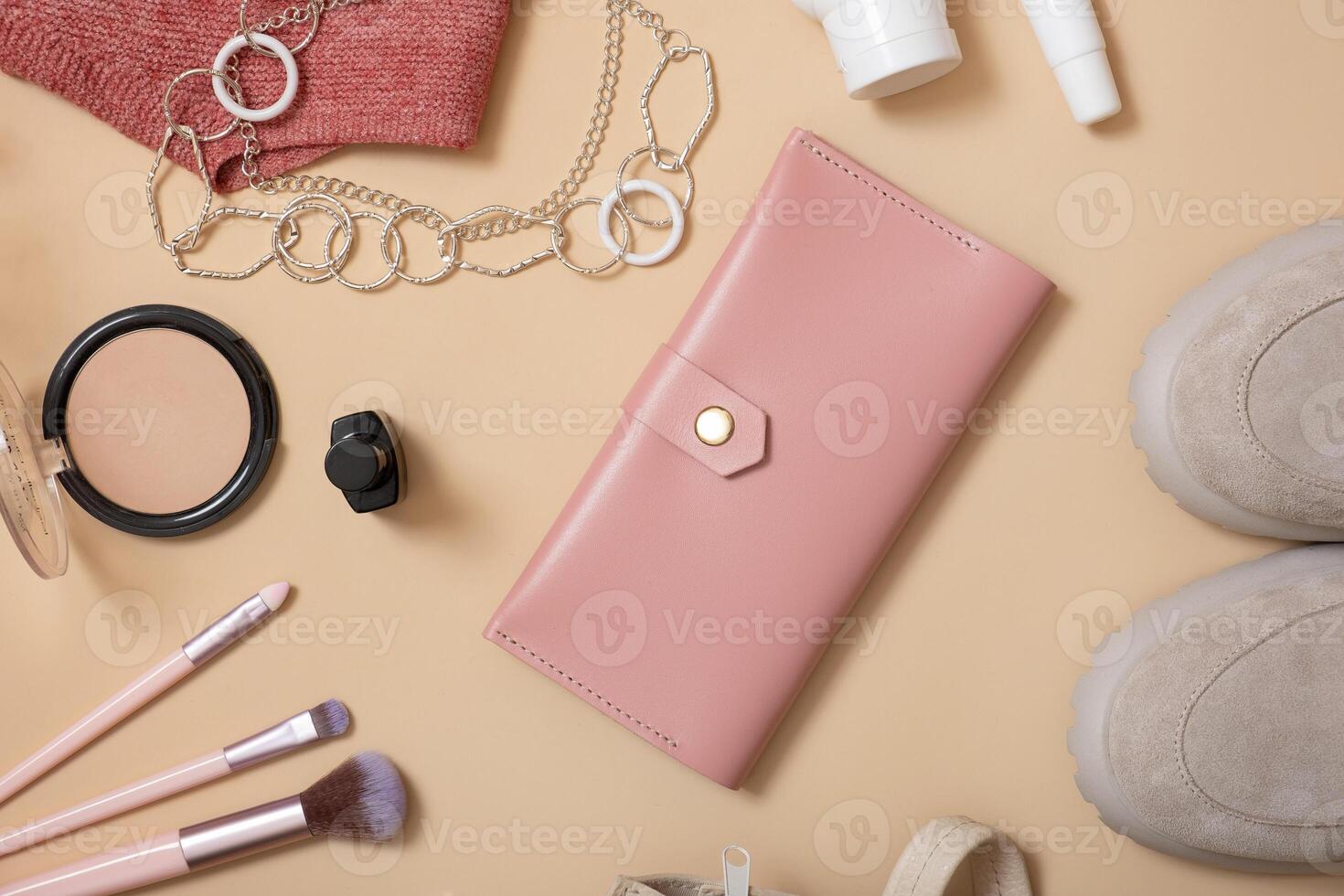 Wallet, women's shoes, bag and cosmetics flat lay. Shopping, fashion blog concept photo