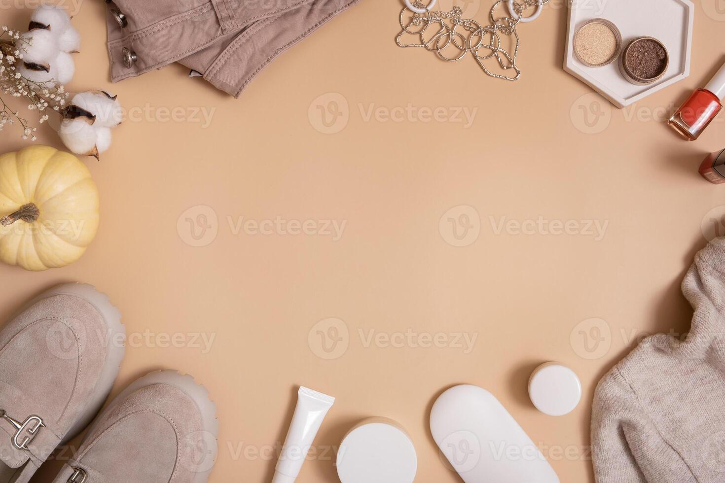 Flat lay women's shoes, bag and cosmetics with copy space. Fashion blog, shopping concept photo