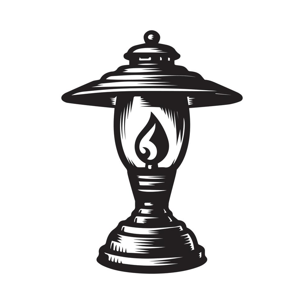 a black and white drawing of a lamp that has a flame on it. vector