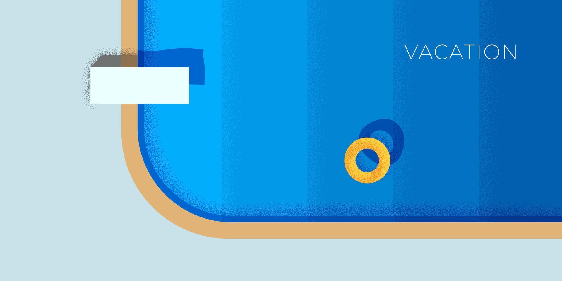 Abstract retro minimal summer travel horizontal banner. Swimming pool with diving board and inflatable ring on holiday poster. Hotel relax vacation party trendy minimalist placard. Summertime journey vector