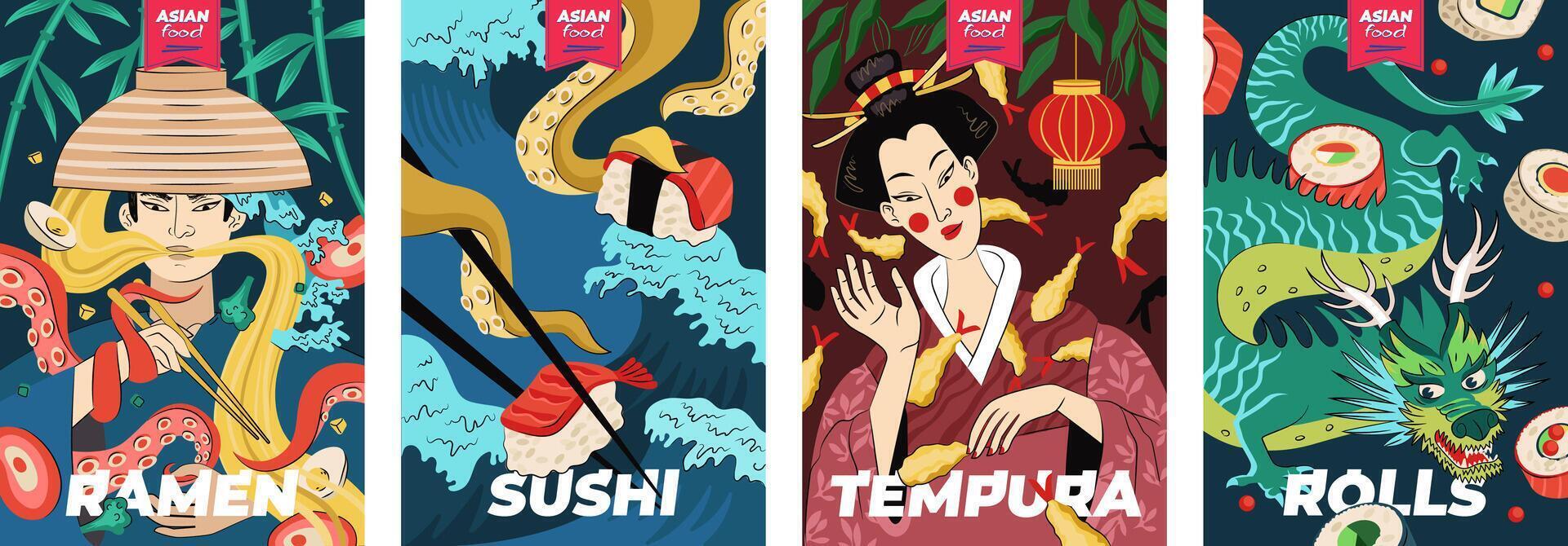 japonés comida póster colocar. Japón cocina bandera ramen nacional fideos plato y tempura frito camarón. Sushi, sashimi y rollos oriental publicidad impresión. asiático Mariscos restaurante menú vector cartel