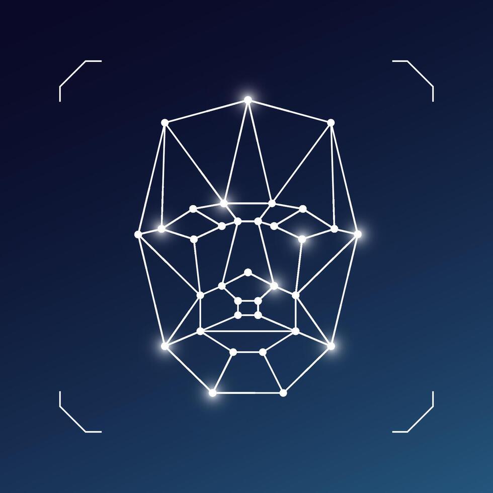 Face recognition icon. User facial biometric id scan system symbol. Person identification security badge concept. Human head polygon style wireframe. Glowing linear vector eps logo