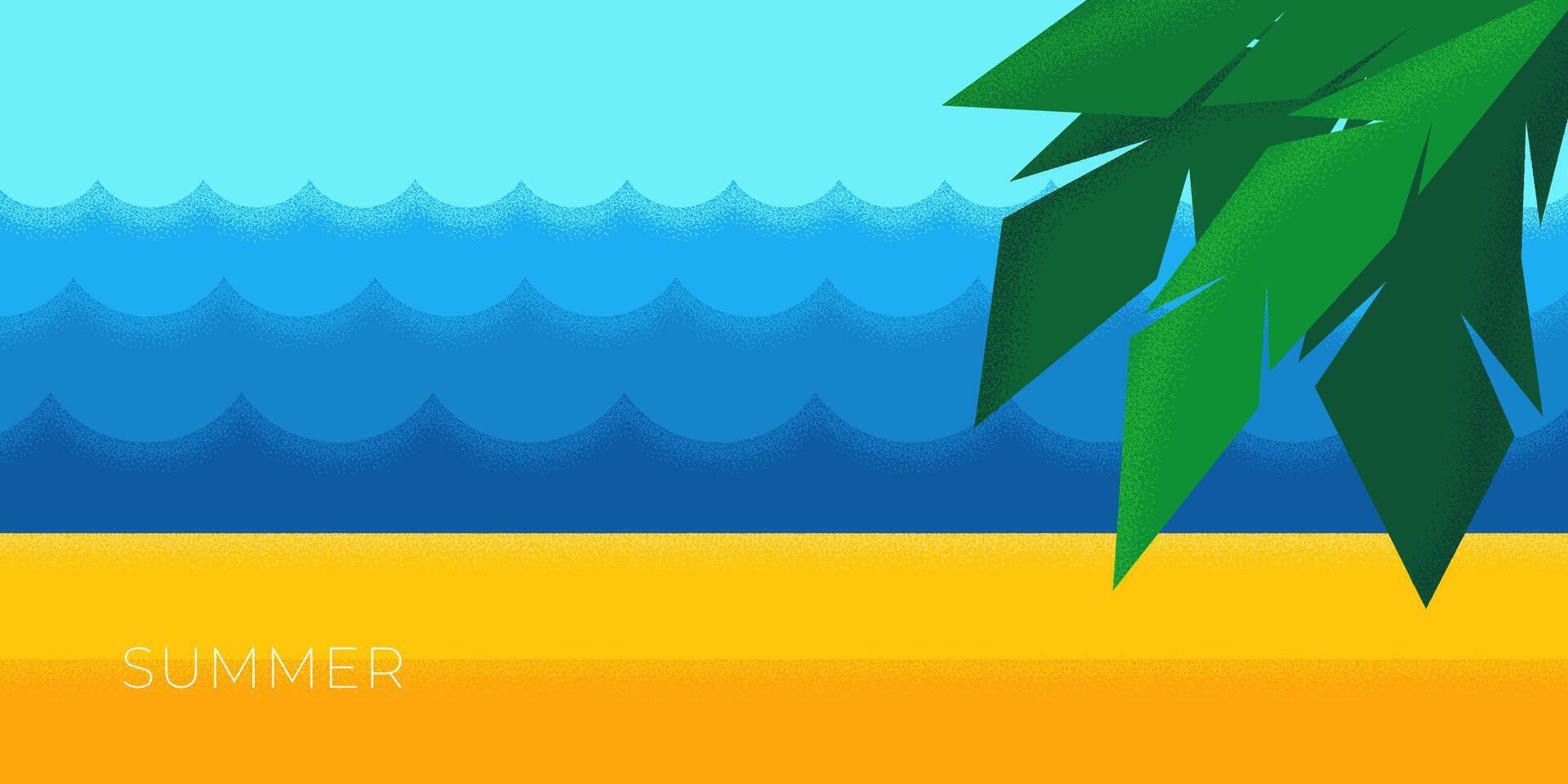 Abstract retro minimal summer travel horizontal banner. Tropical palm leaves on beach sand sea waves on holiday vintage poster. Ocean shore vacation trendy minimalist placard. Summertime rest vector