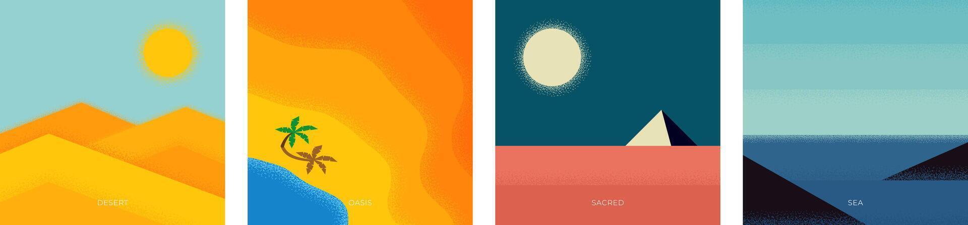 resumen retro mínimo verano viaje cuadrado bandera. Clásico impresión Desierto arena dunas debajo luz de sol y Sáhara oasis. egipcio pirámide debajo luz de la luna y rocas en mar. de moda minimalista vector cartel