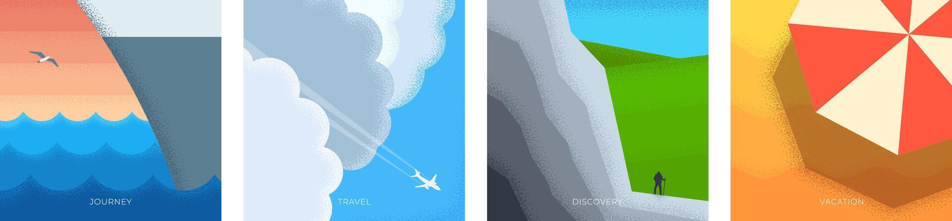 Abstract retro minimal summer travel square banner. Vintage print cruise ship at sea. Beach umbrella on sand background and tourist vacation hike mountain. Plane fly in sky trendy minimalist cover vector
