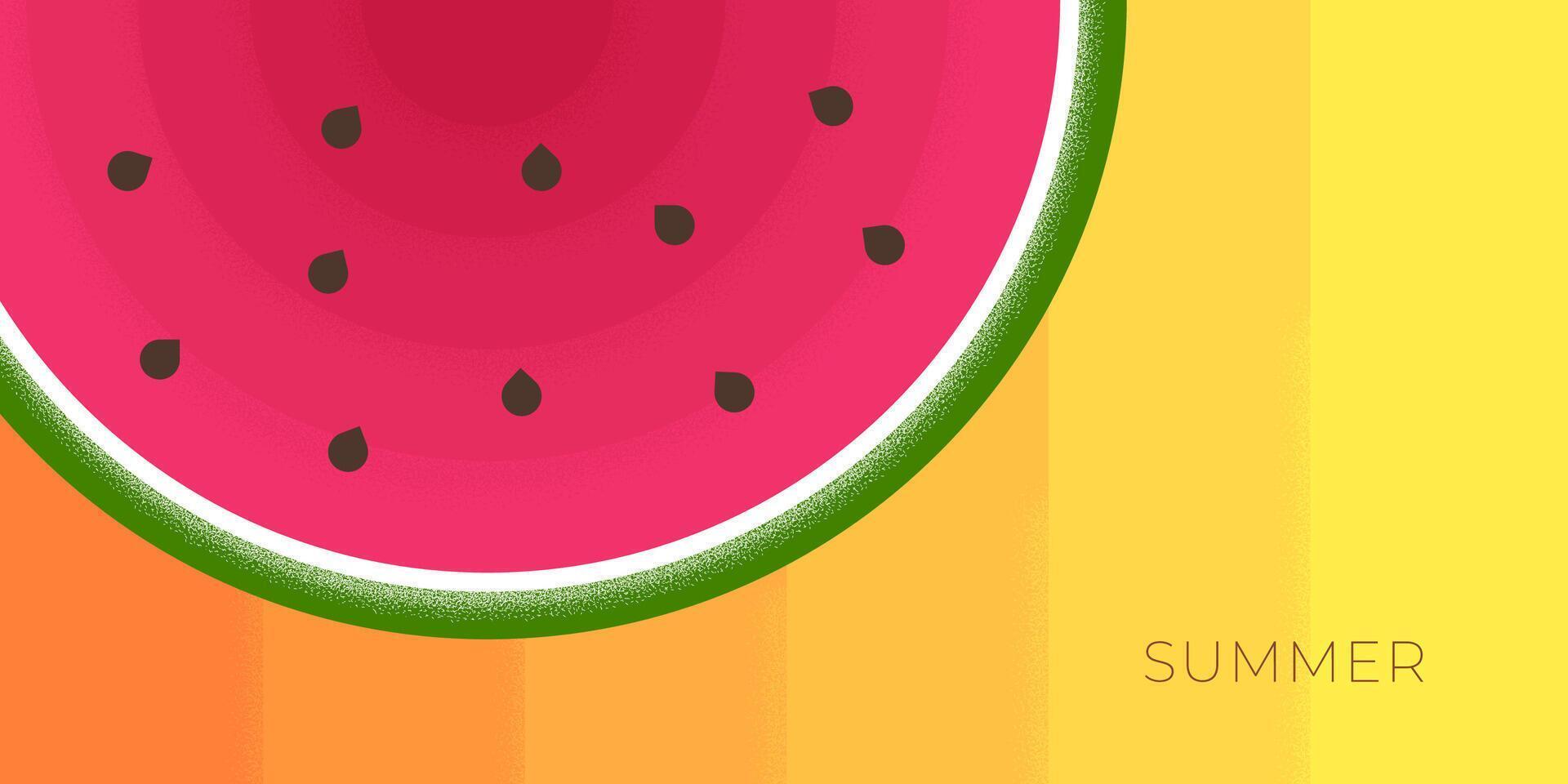 Abstract retro minimal summertime horizontal banner. Watermelon and sea sand on summer vintage poster. Juicy fruit on vacation trendy minimalist placard. Holiday journey vector eps design template