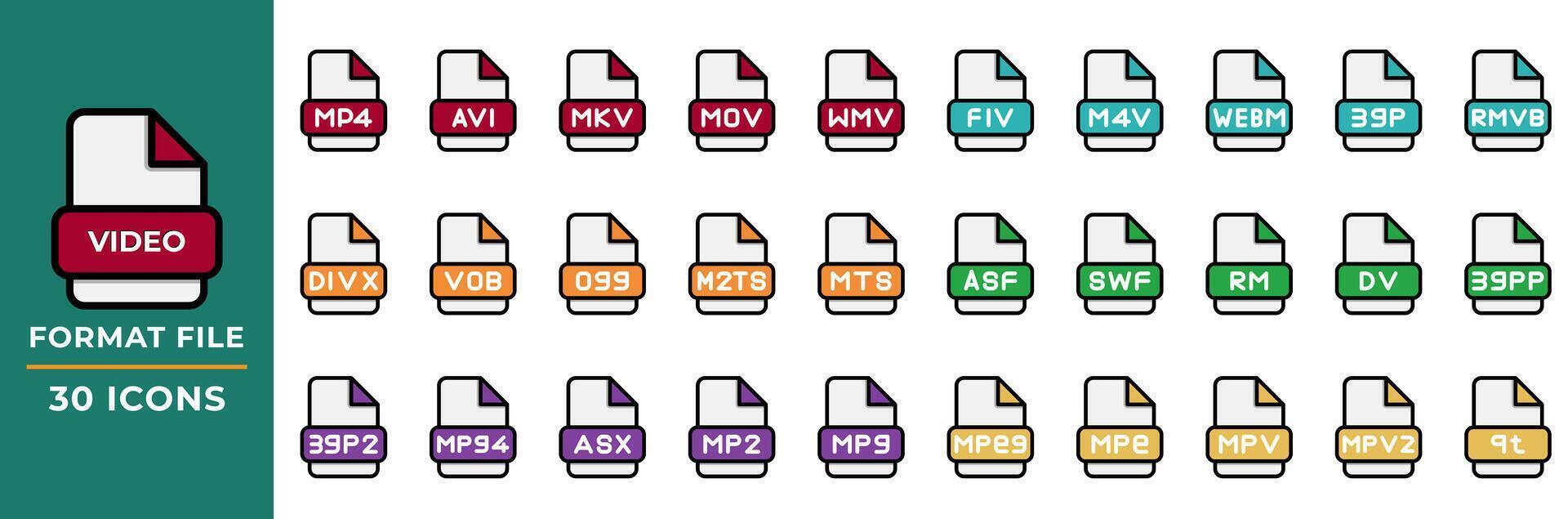 File format Video icons set in flat style. collection of file extension symbols. Vector Illustration.