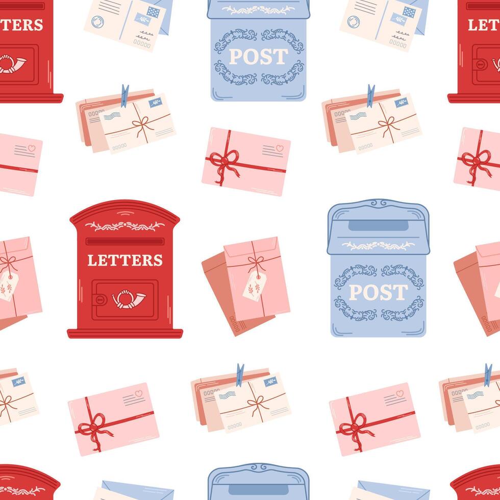 Mailing seamless pattern. Craft envelopes, handmade cards. Different retro postboxes. Delivery, message, communication concept. vector