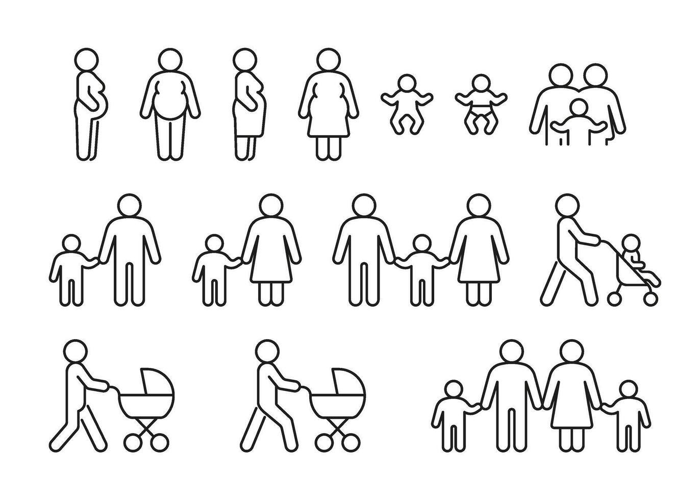 familia con niño, línea icono colocar. niño en paseante caminar con padre y madre, padres. embarazada mujer. contento familia. vector contorno ilustración