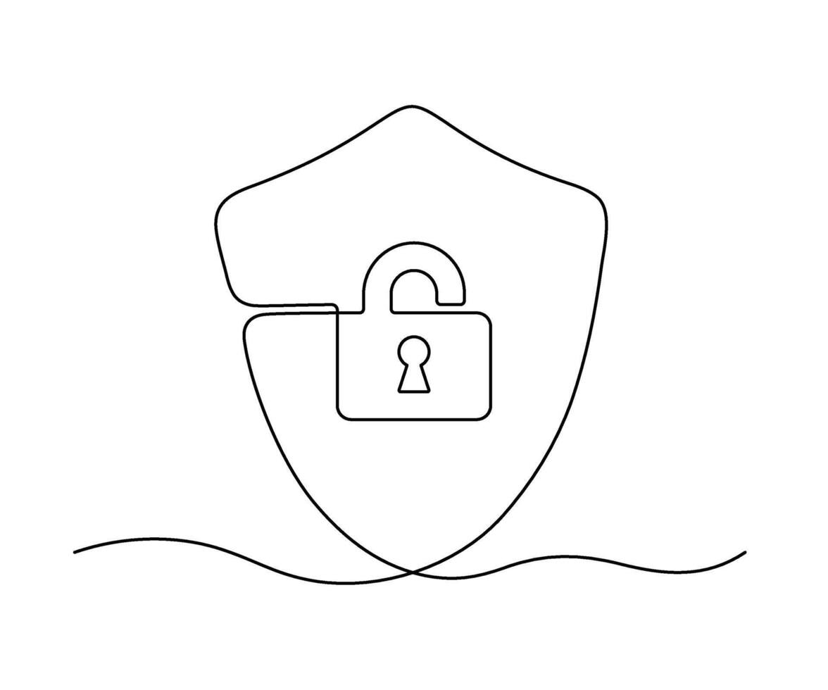 Shield with padlock and key hole, continuous one line drawing. Security and protection, safe information. Vector outline illustration