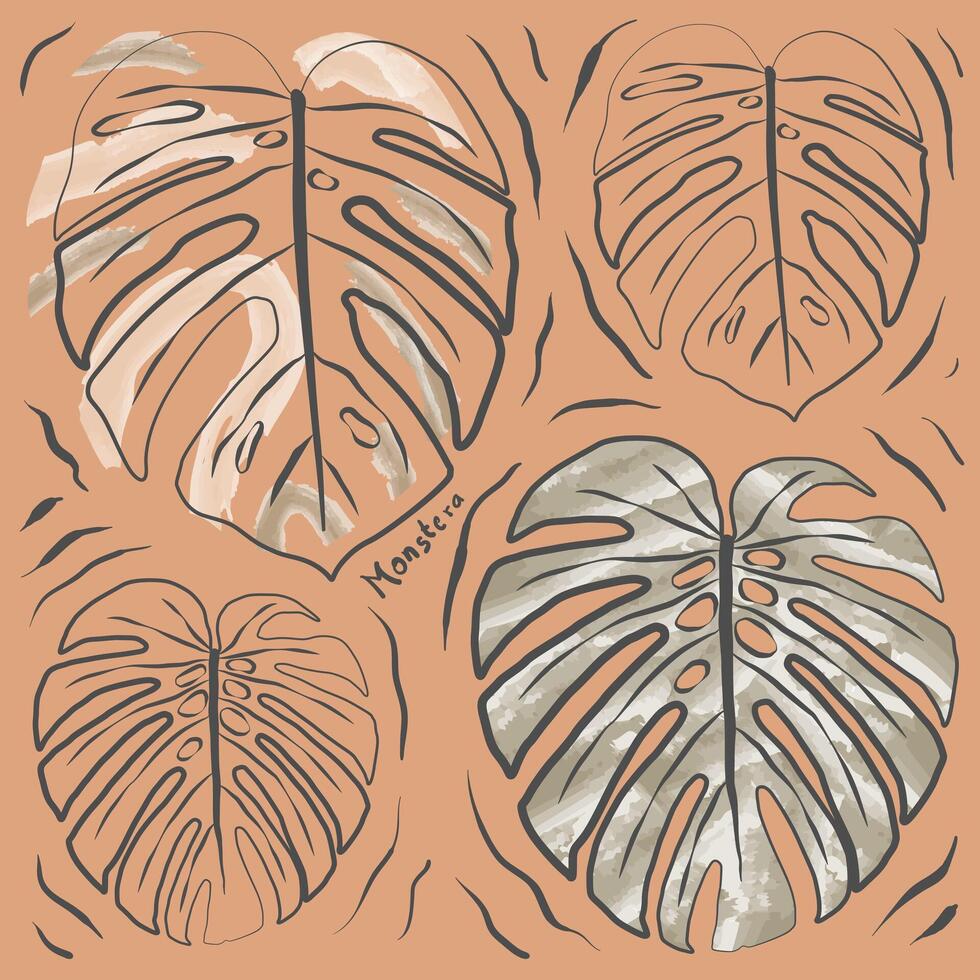 Hand drawn vector monstera leaves. Set monstera leaves. Design for fabric, print, cover, banner, decoration.