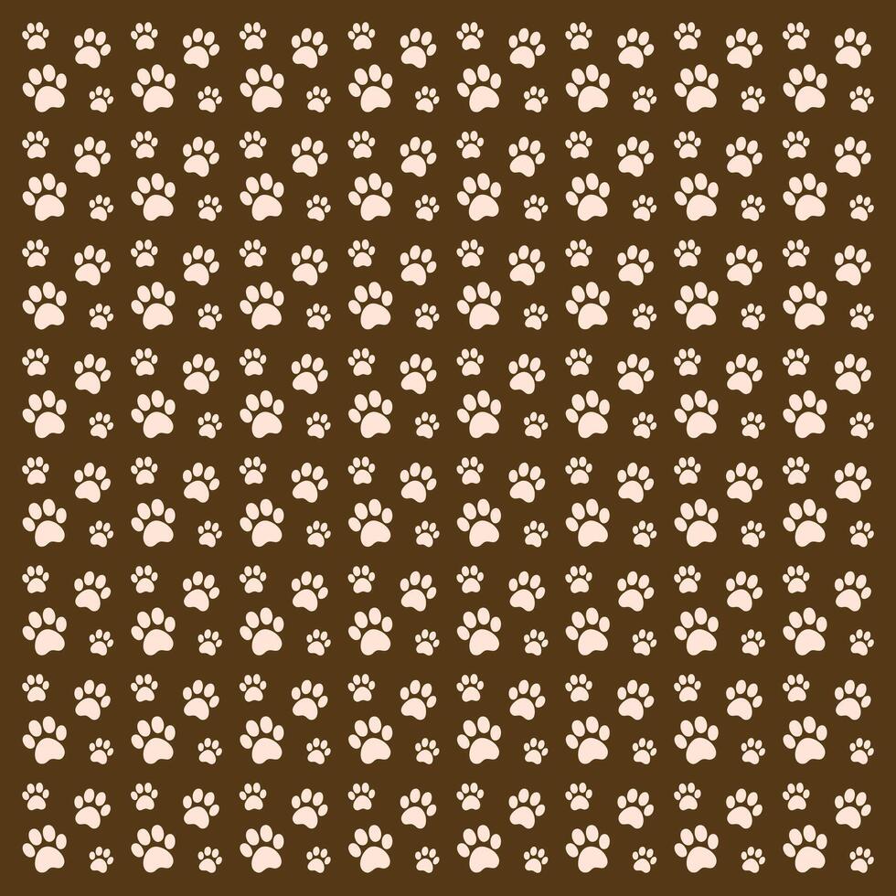 A seamless pattern of vector paw prints on a brown background.