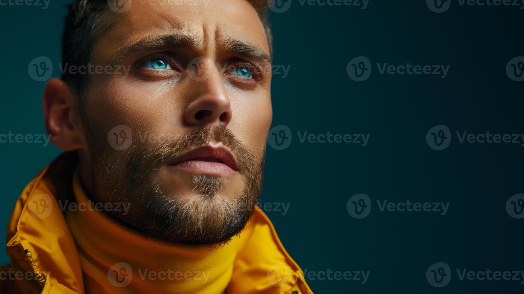 AI generated Man with blue eyes and yellow jacket photo