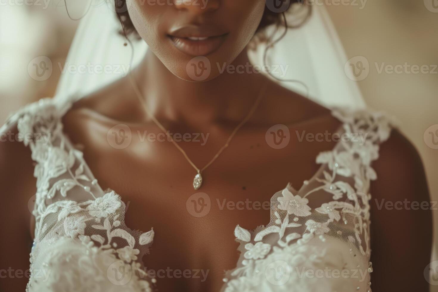 AI generated A woman of African-American descent stands wearing a traditional white wedding dress and a flowing veil. She is elegantly dressed for her wedding day, exuding grace and beauty photo