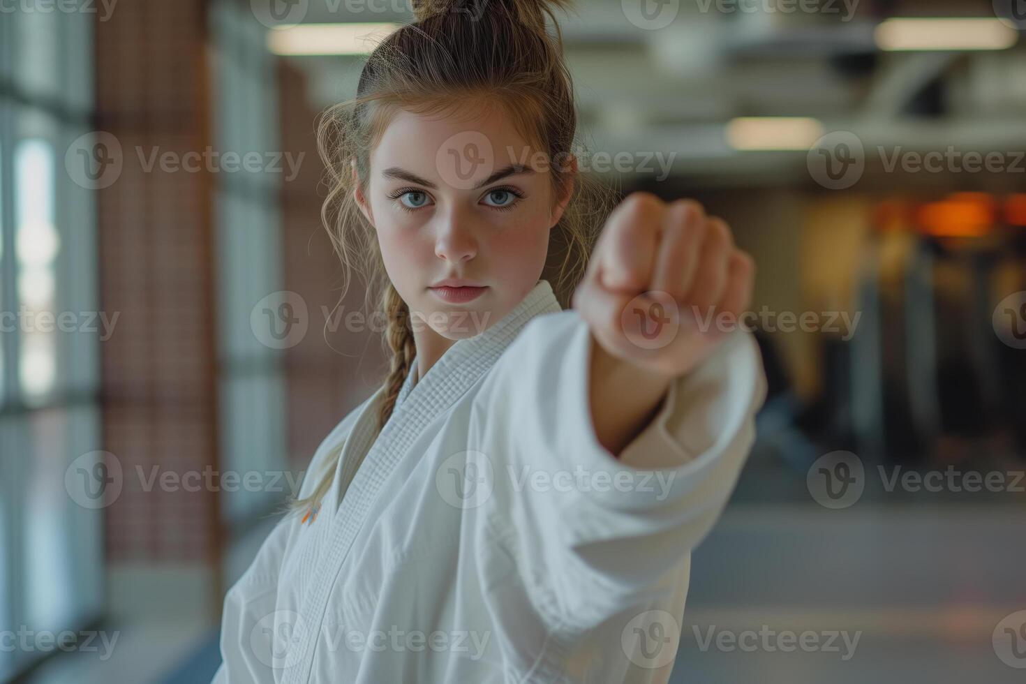 AI generated A woman in karate gear throws her fist straight at the camera, showing a sense of power and control photo