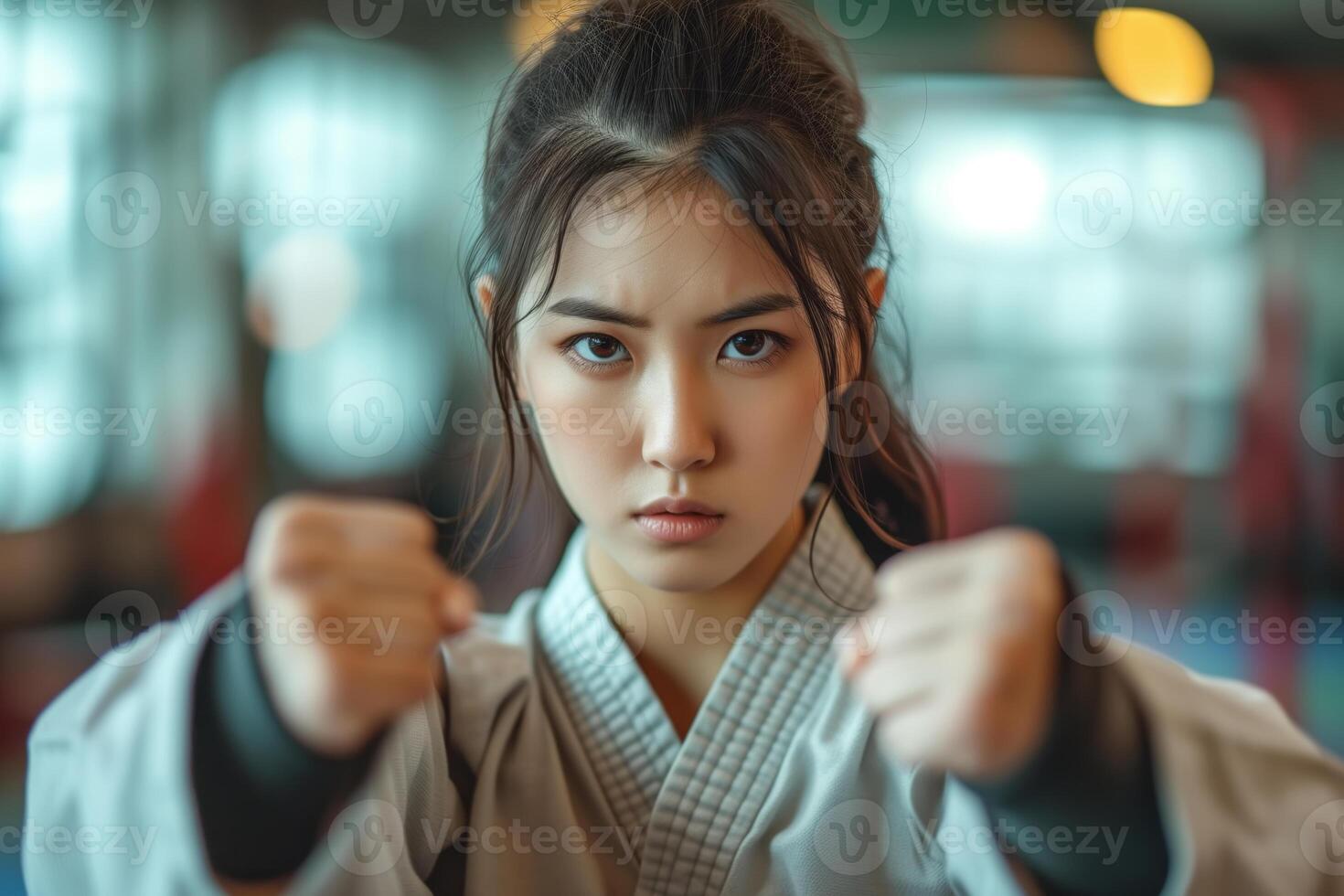 AI generated An Asian woman dressed in a traditional kimono points directly at the camera, showing confidence and determination on her face. A fighter practices martial arts or demonstrates techniques photo