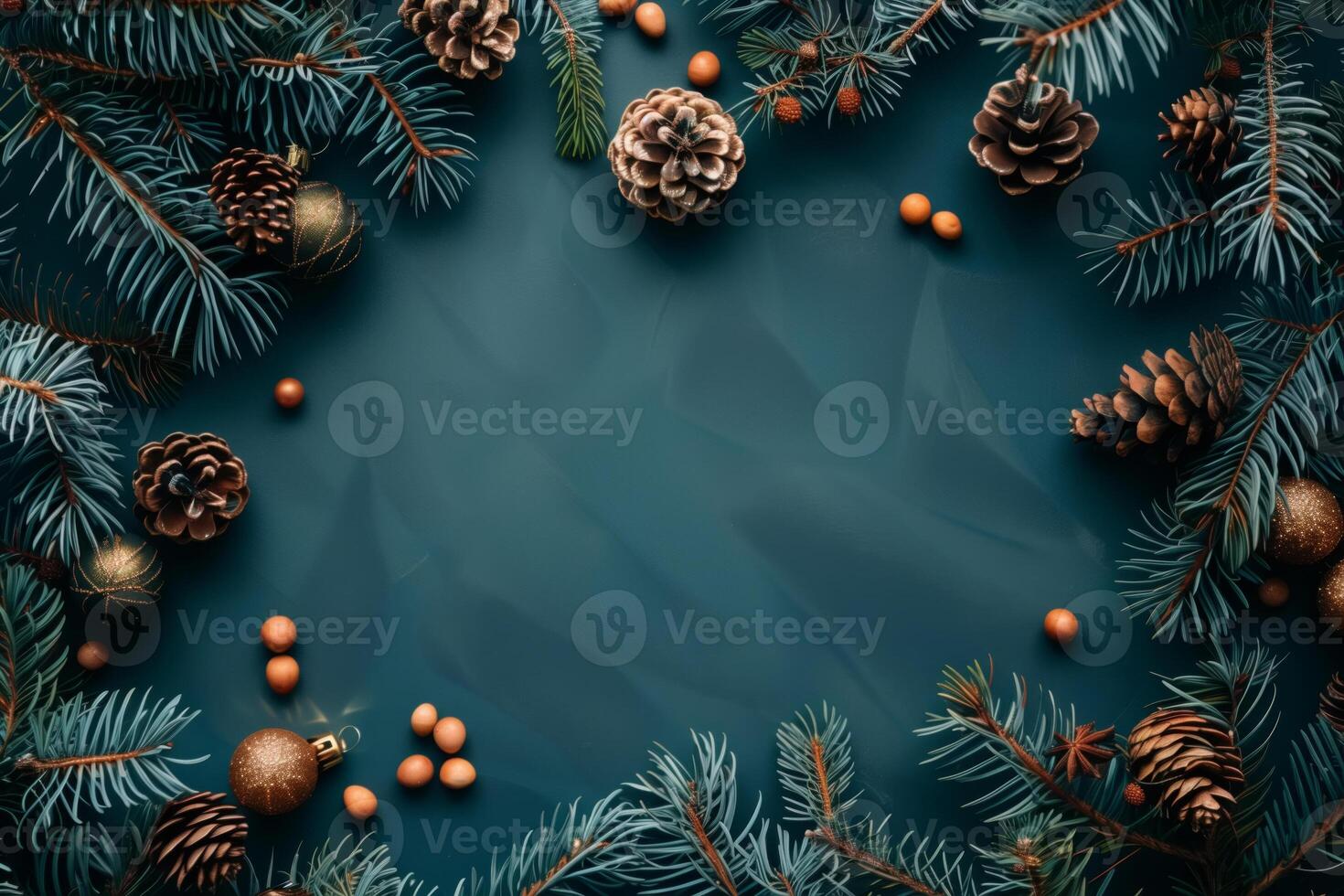 AI generated Christmas frame with copy space, blue background with various pine and fir cones scattered on the surface photo