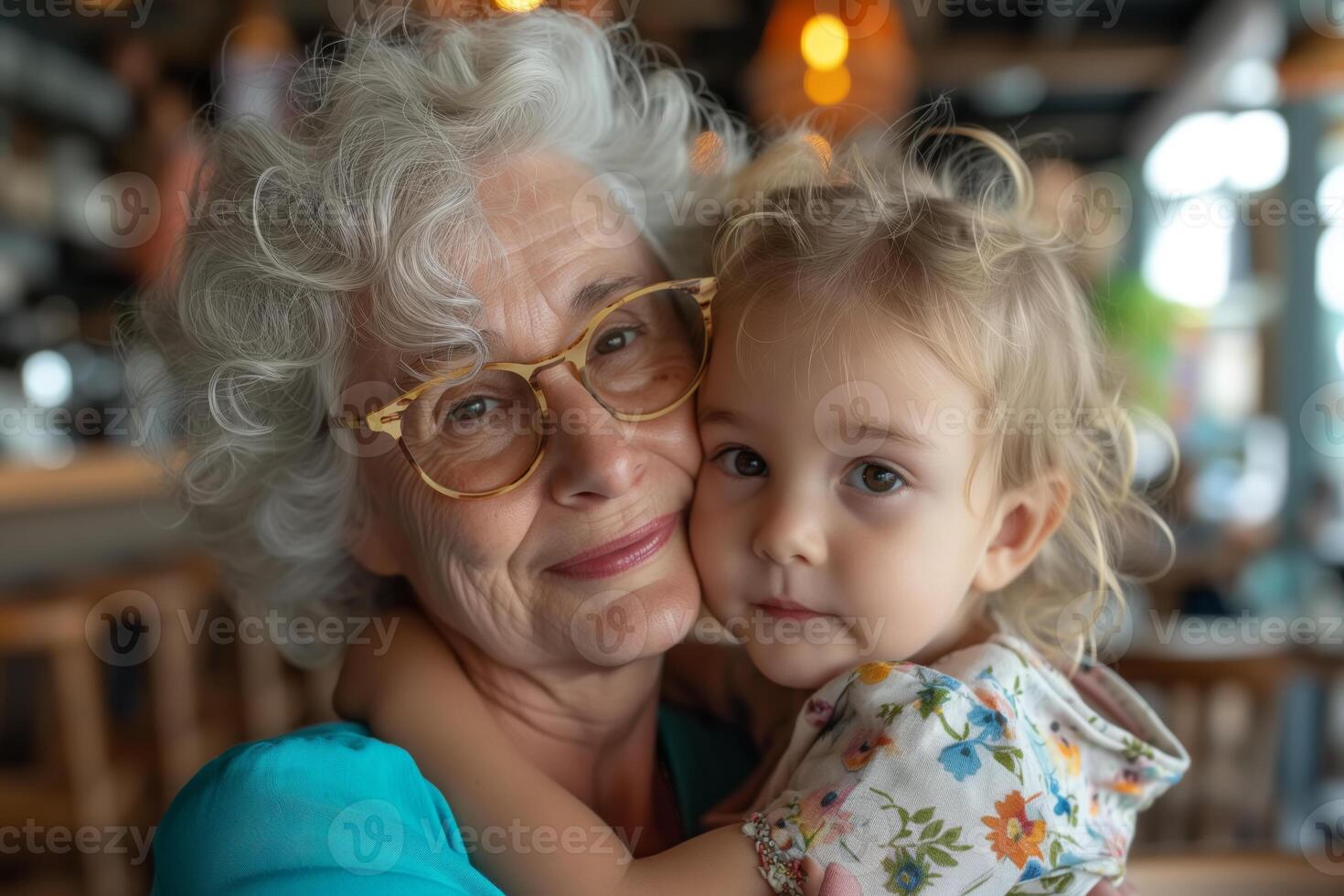 AI generated An elderly woman is holding a small girl in her arms. The woman is likely the girls grandmother, showing a tender and nurturing bond between generations photo