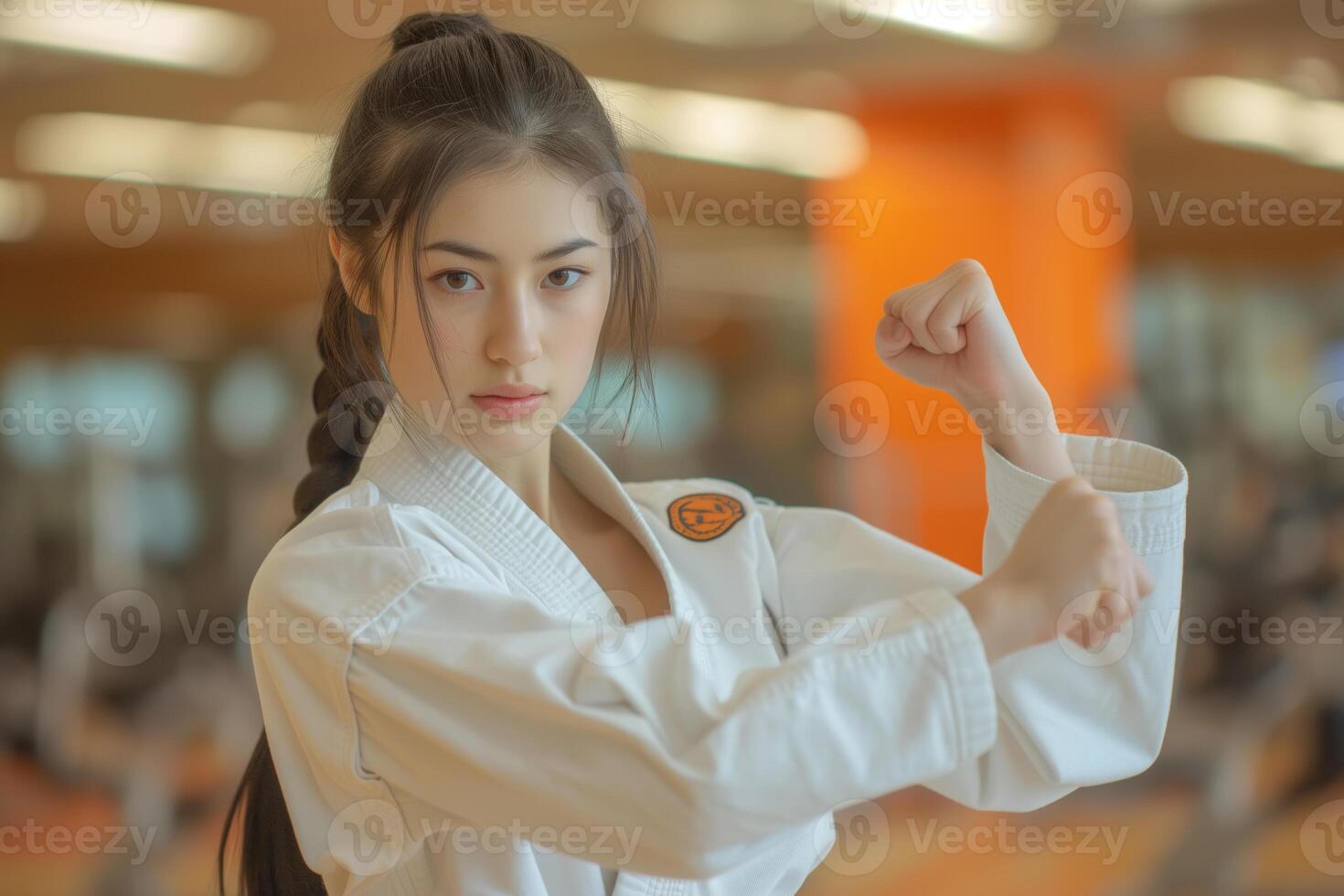 AI generated A female martial artist wearing a karate uniform is posing for a photo, showcasing her training and fighting skills. She strikes a powerful stance, exuding confidence and discipline photo