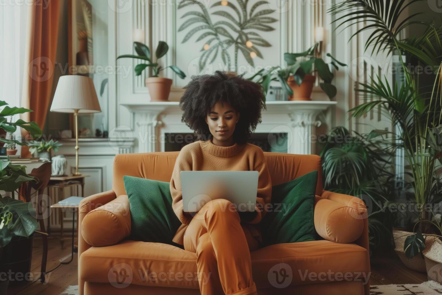 AI generated African American stylish woman sitting comfortably in a chair in the living room, focused on her laptop screen. Freelancing, e-learning or lifestyle with a device photo