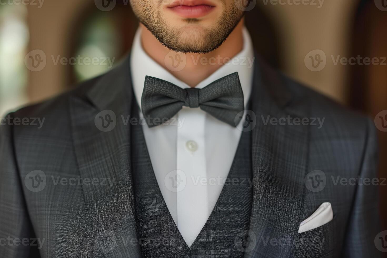 AI generated Close-up of a man dressed in a smart suit and classic bow tie, showing off his wedding attire. The groom looks stylish and sophisticated photo