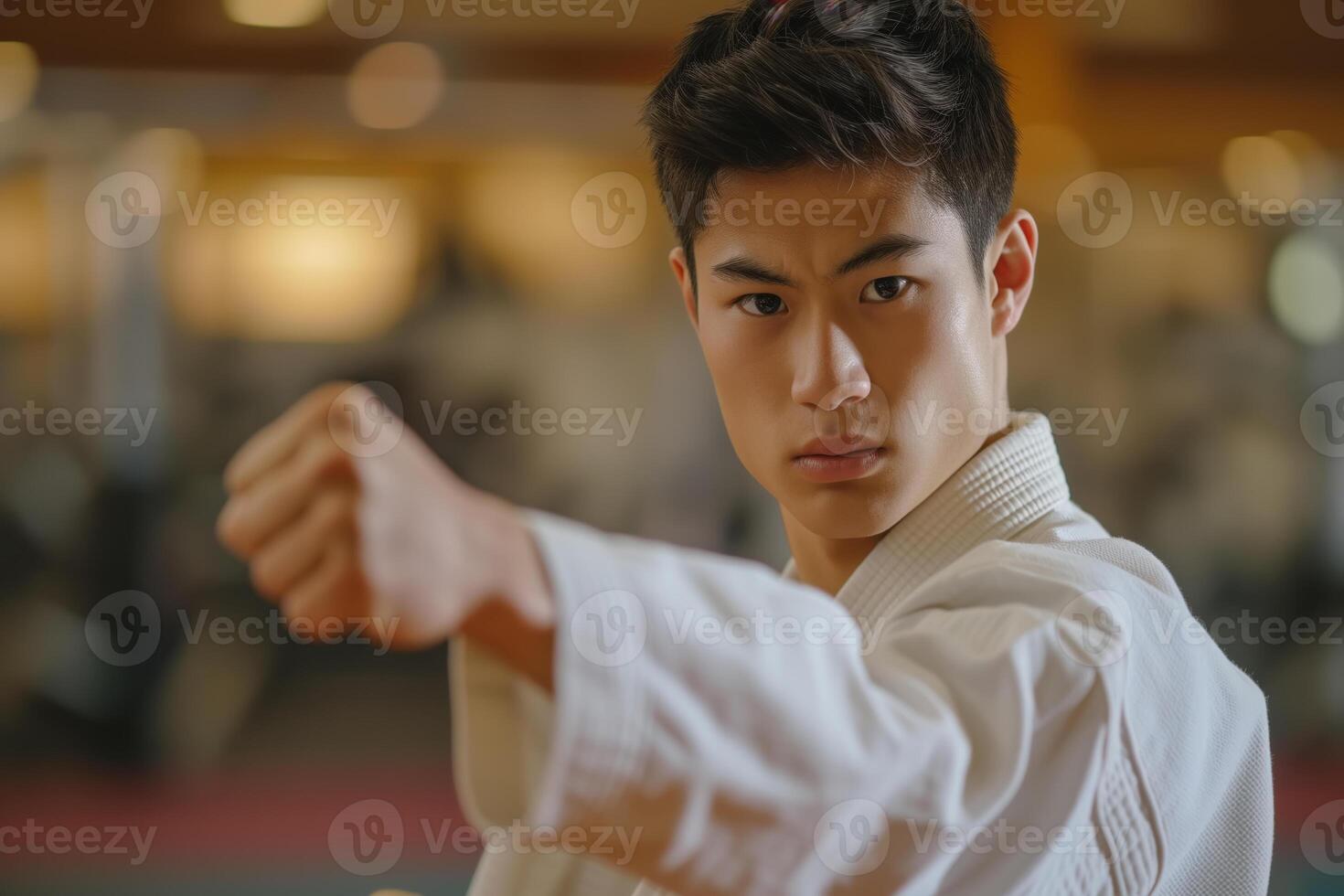 AI generated Asian man in white kimono practices karate, demonstrating his skills with series of punches. His focused facial expression and precise movements demonstrate discipline and technique of m photo