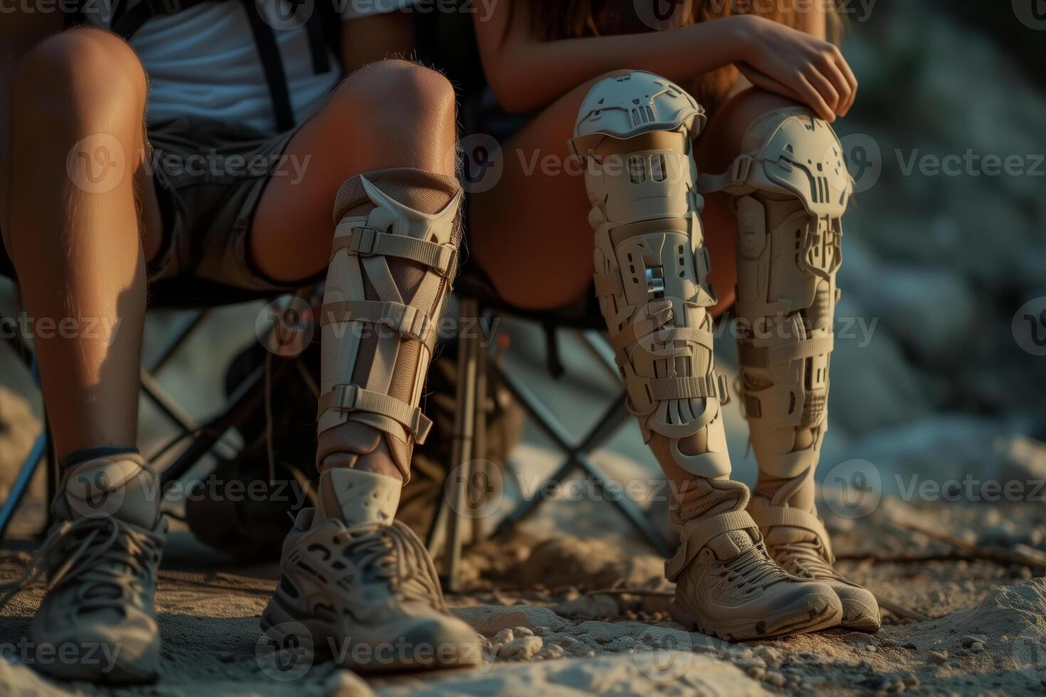 AI generated Close-up of legs with prosthetics, a couple of disabled people in love resting in nature photo