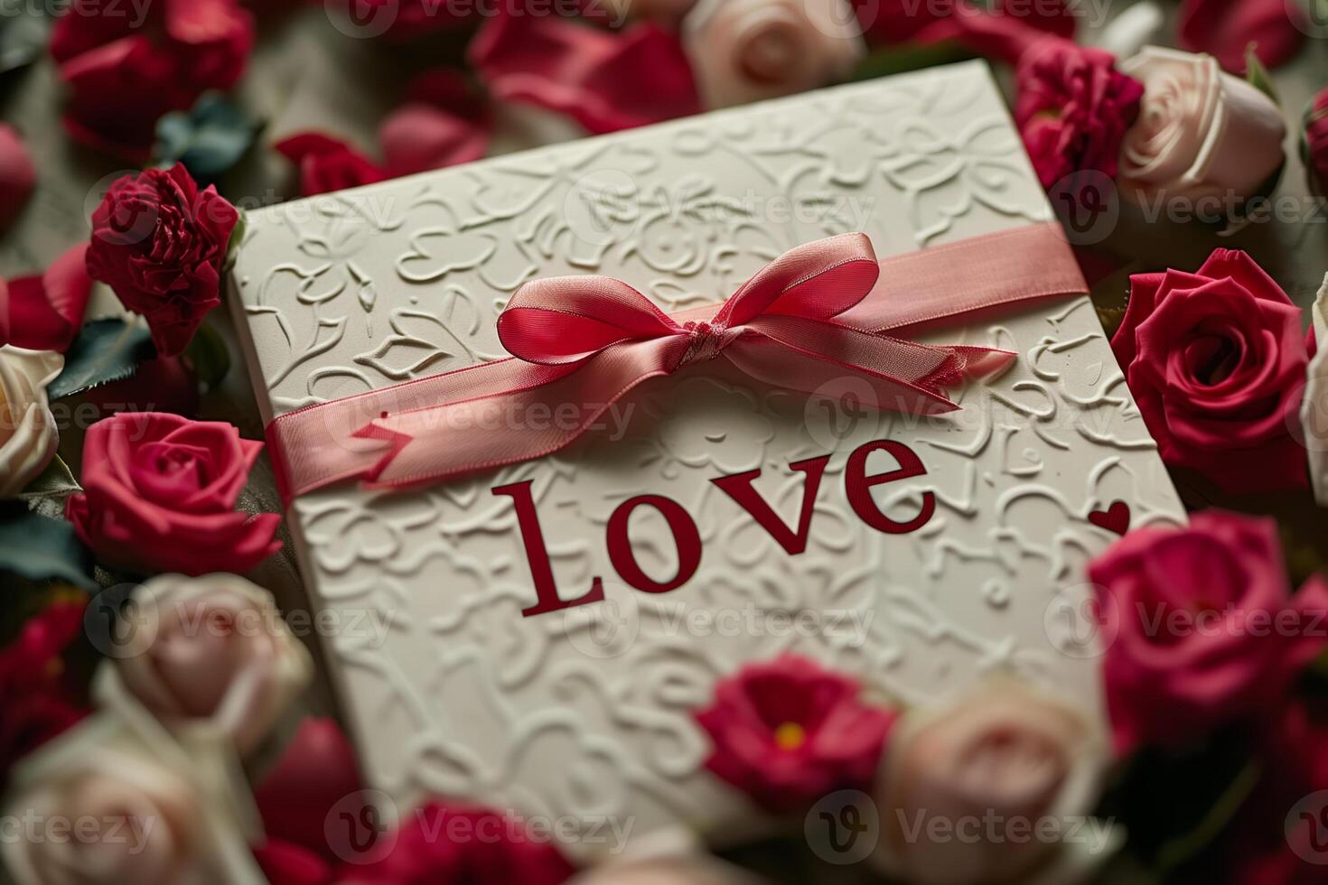 AI generated Gift card close-up with bow and text Love photo