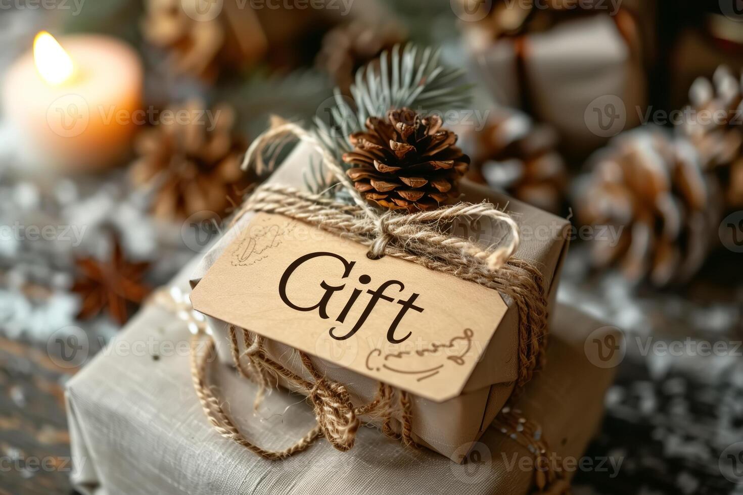 AI generated A Christmas gift box is wrapped in twine, with a pine cone delicately placed on top. The rustic wrapping adds a festive touch to the holiday present photo