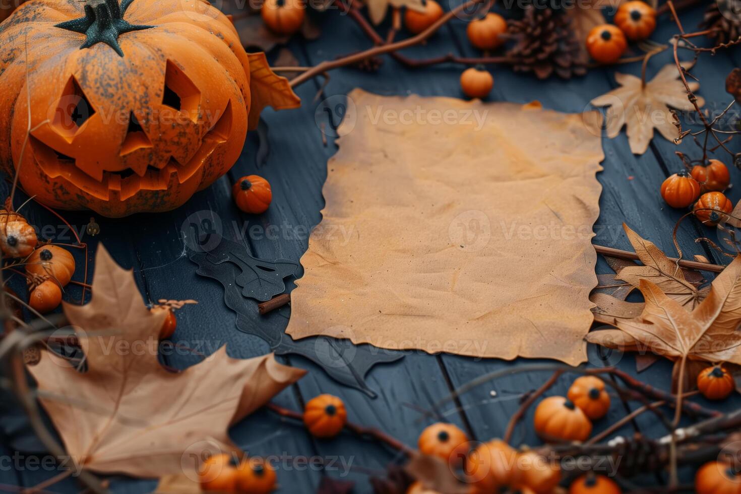 AI generated A table covered in a variety of pumpkins and colorful leaves, creating a festive and autumnal display photo