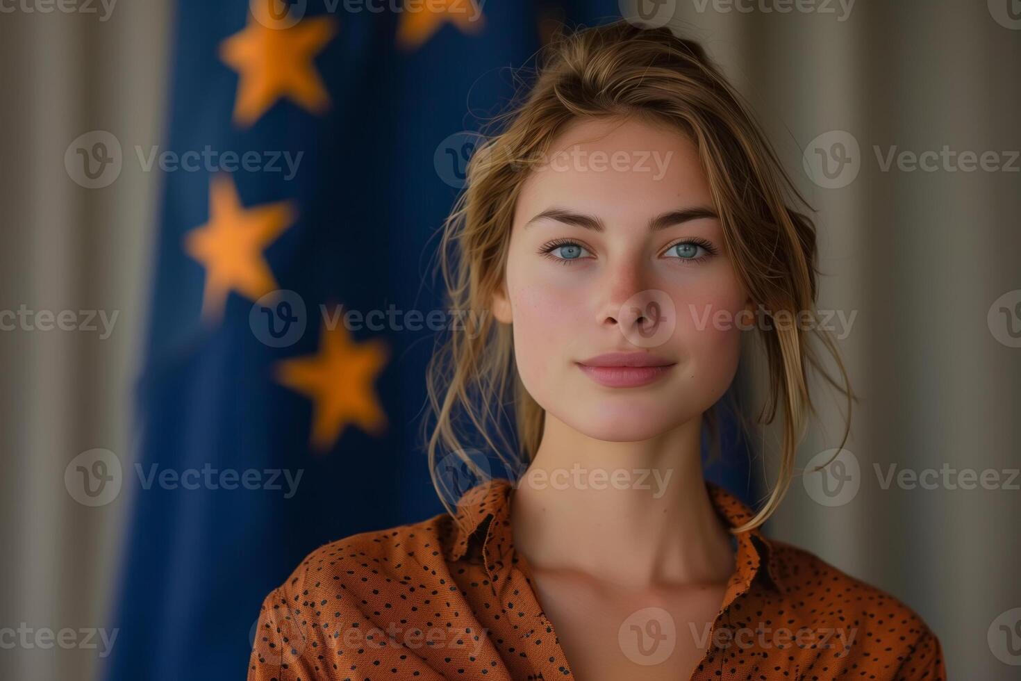 ai generado un mujer es en pie con confianza en frente de un europeo Unión bandera, encarnando un sentido de patriotismo o posiblemente un político declaración foto