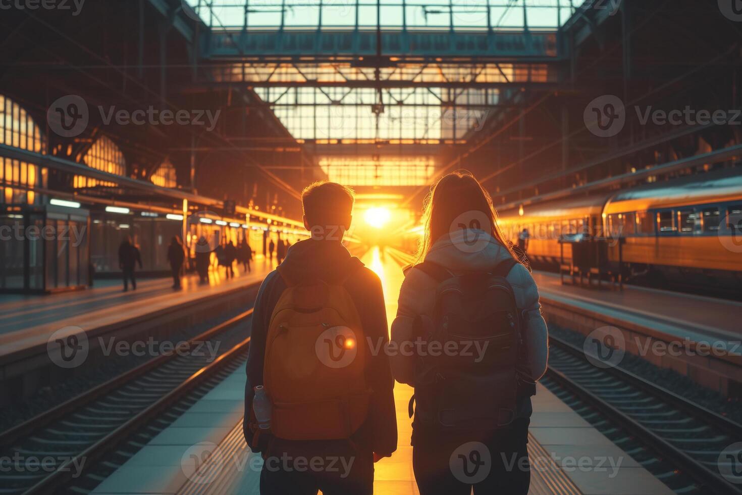 AI generated Back view of a man and woman couple standing on the station platform. They are waiting for the train to arrive, holding their luggage in their hands photo