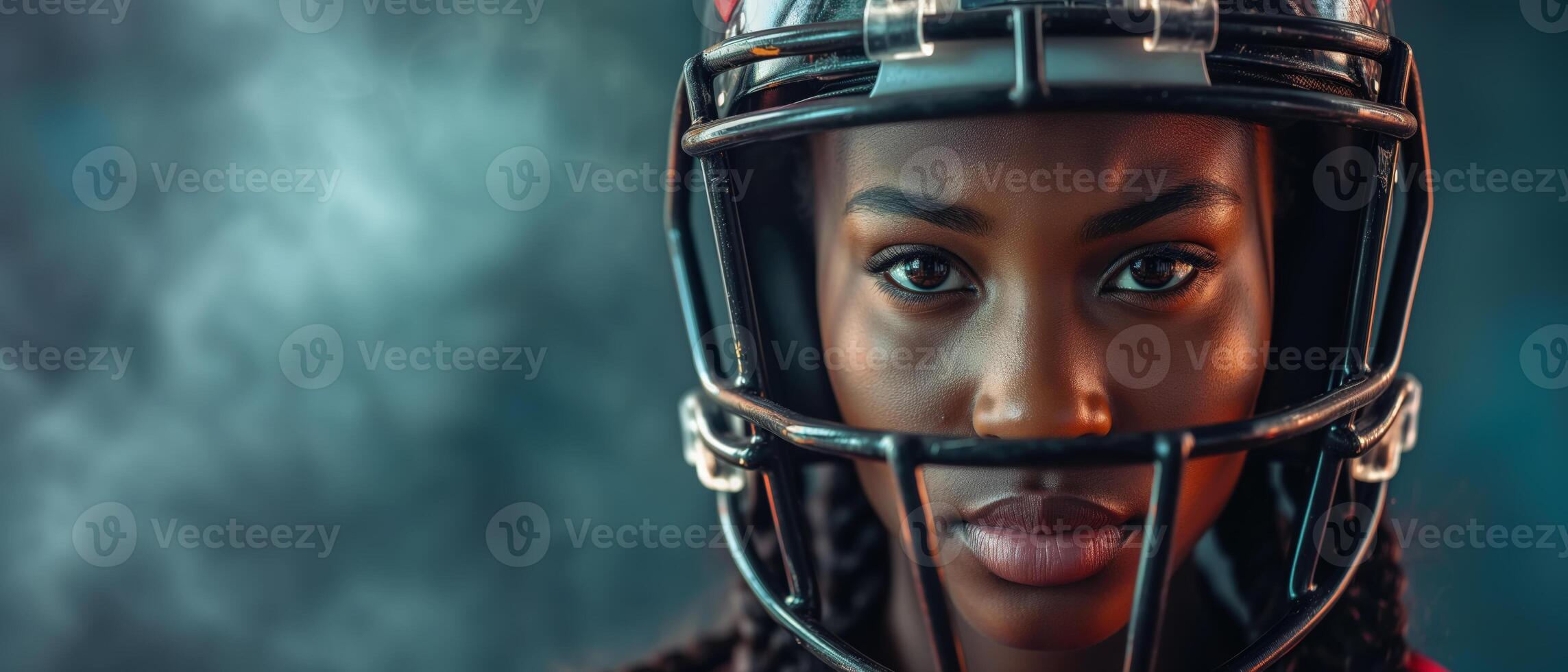 AI generated Close-up of a female athlete wearing a football helmet. The African American athlete is ready for action on the rugby field with determination in her eyes photo